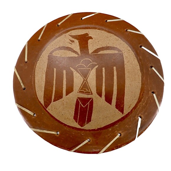 Native American Pottery Terracotta Clay Plate Phoenix Aztec Bird 11" Dia Vintage